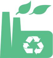 Sustainability icon depicting a factory with a recycling logo.